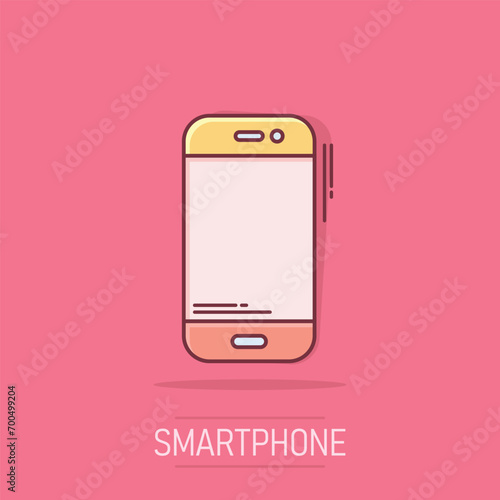 Smartphone icon in comic style. Phone handset vector cartoon illustration pictogram. Smartphone business concept splash effect.