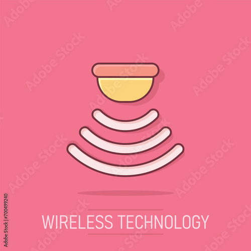 Motion sensor icon in comic style. Sensor waves vector cartoon illustration pictogram. Security connection business concept splash effect.