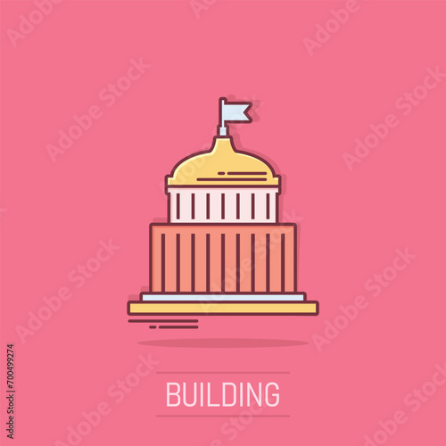 Bank building icon in comic style. Government architecture vector cartoon illustration pictogram. Museum exterior business concept splash effect.