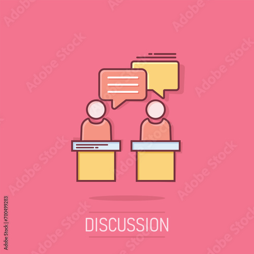 Politic debate icon in comic style. Presidential debates vector cartoon illustration pictogram. Businessman discussion business concept splash effect.
