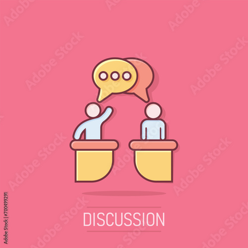 Politic debate icon in comic style. Presidential debates vector cartoon illustration pictogram. Businessman discussion business concept splash effect.