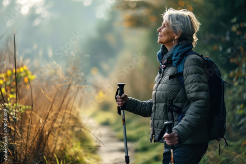 Elderly woman walking on a nature path with hiking poles