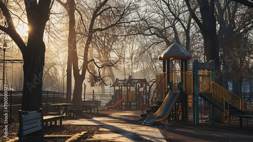 Playground in the park at sunrise. 3d rendering. Computer digital drawing.