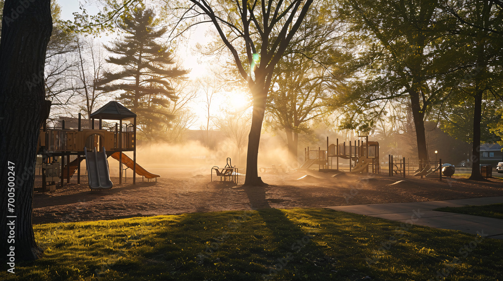 Playground in the park in the morning with fog on the ground
