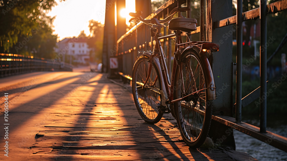 Bicycle on the bridge at sunset, vintage bicycle on the bridge