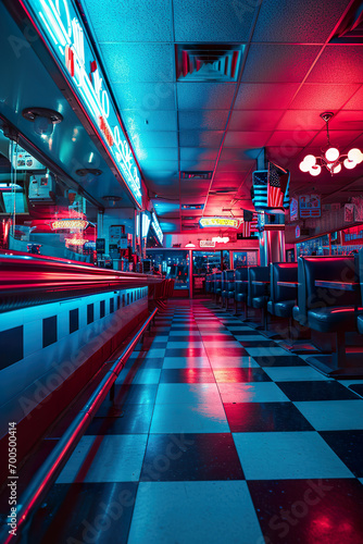 Classic diner with neon lights, American flag, night, copy space