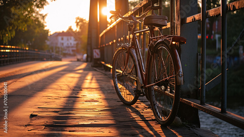 Bicycle on the bridge at sunset, vintage bicycle on the bridge © Argun Stock Photos