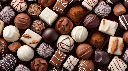 top view of variety chocolate pralines full Many different delicious chocolate background photo