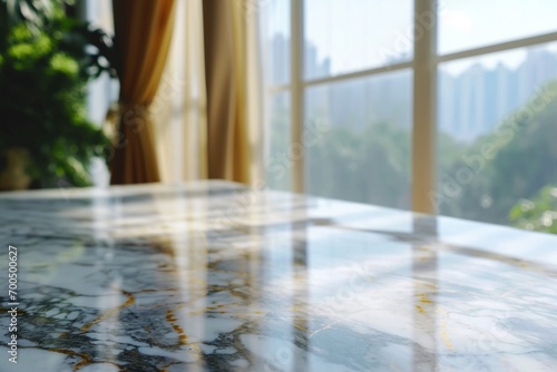 Marble table top on blur room interior with window curtain background. generative ai. © SEUNGJIN