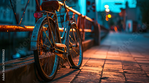 Bicycles on the bridge in the evening. Selective focus.