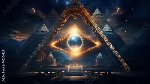 a pyramids with a pyramid and a blue eye
