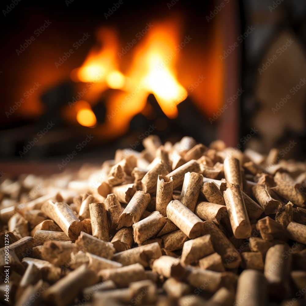 a pile of wood pellets in front of a fire