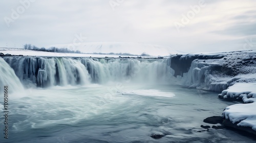 a waterfall with snow and ice
