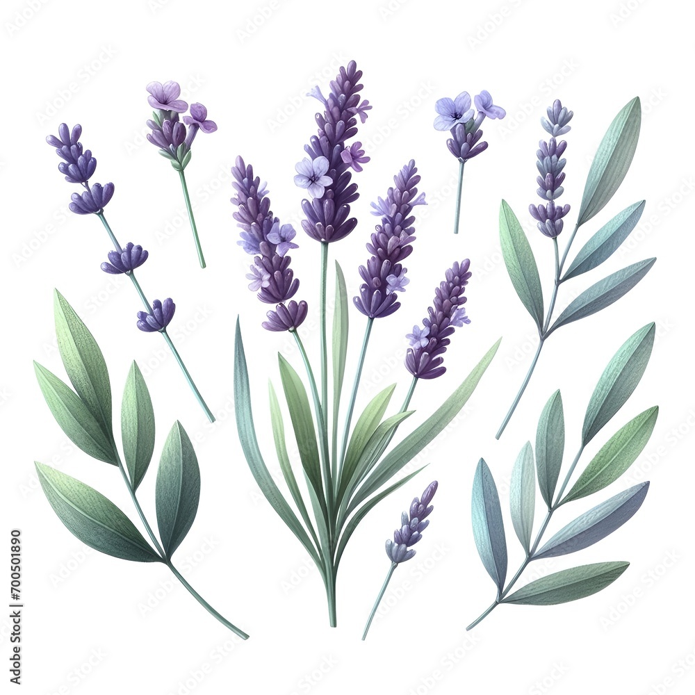 Fototapeta premium lavender flower plant with leaves watercolor paint on white for greeting card wedding design