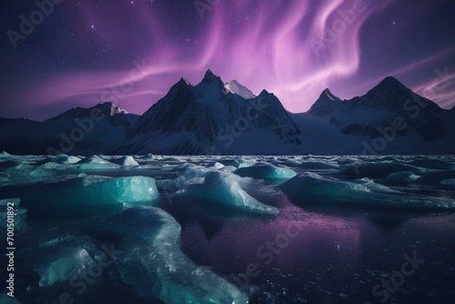 Aurora lights in pink and purple shine bright over a glacier. Generative AI © Joseph