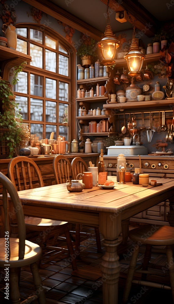 Beautiful interior of a restaurant with wooden tables, chairs and shelves