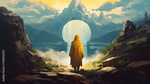 Man in a yellow hood opening a portal photo