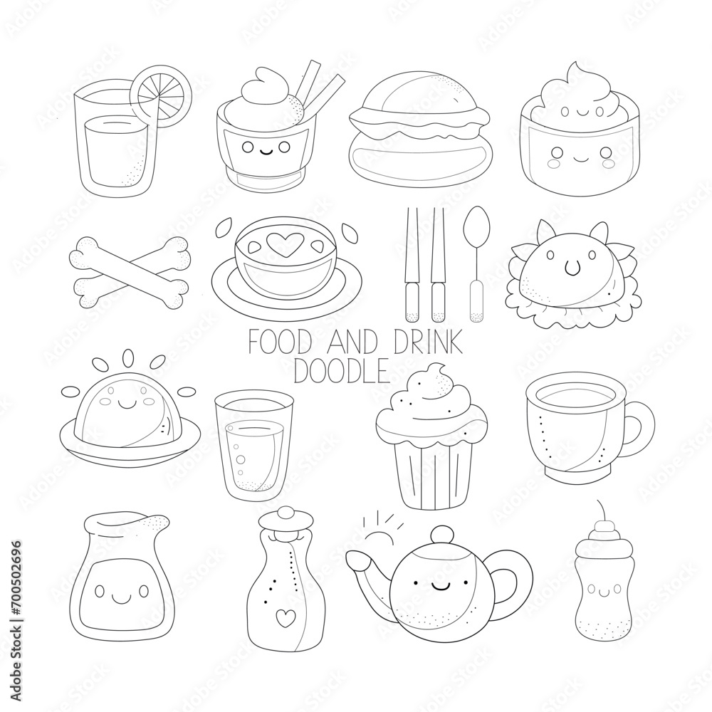 Food and drink doodle  art illustration, hand-drawn Food and drink elements