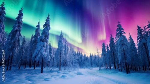 Aurora borealis Northern lights in  the sky winter forest