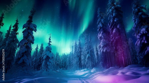 Aurora borealis Northern lights in  the sky winter forest