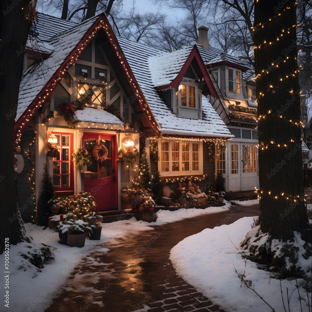 Christmas house decorated with lights and garlands in winter. Christmas and New Year holidays concept.