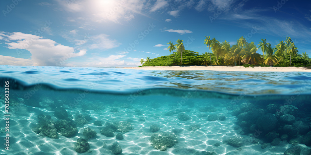 A tropical beach with cool water and palm trees, in the style of photo-realistic landscapes, panorama, light turquoise ,A Caribbean Island Paradise

