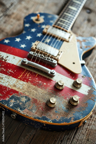 Guitar with American flag design, music theme, copy space photo