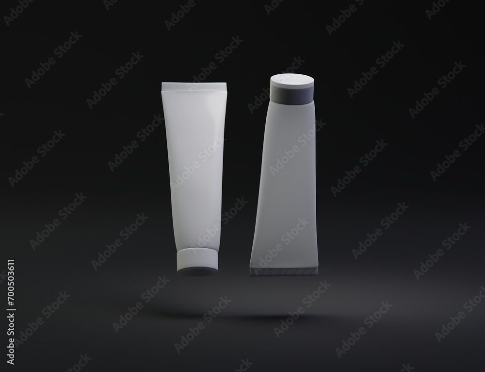 Creative minimal design idea. Concept of a White Cream Tube Mockup design with a Black background. 3d render, 3d illustration. Creative minimal design idea. Concept of a White Cream Tube Mockup design with a Black background. 3d render, 3d illustration.