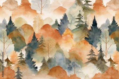 Watercolor pattern of sparse alpine forest in warm dutone tones. Generative AI