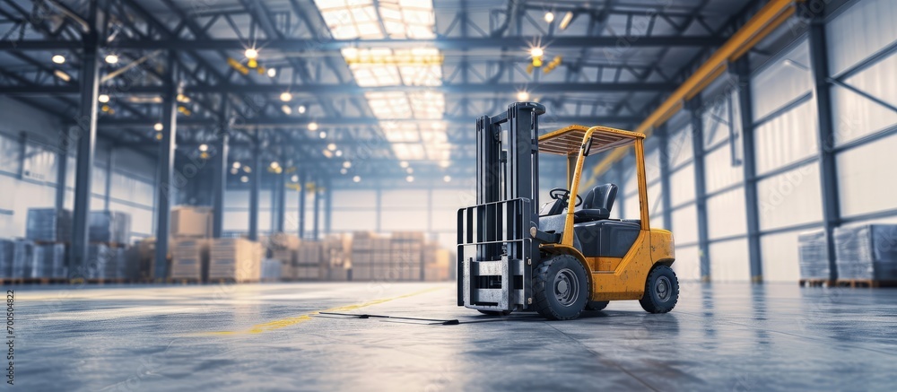 Interior of warehouse dock load cargo electric forklift pallet jack with large shipment goods pallet. Creative Banner. Copyspace image