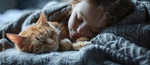 Baby boy sleeping with kitten on white knitted blanket Child and cat Kids and pets Little kid with his animal Cozy winter evening with pet Children play with animals Toddler and kitty sleep