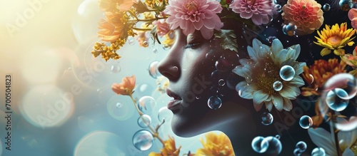 Concept of mental health Flowers in a vase with a woman s head and soap bubbles Copy space. Creative Banner. Copyspace image photo