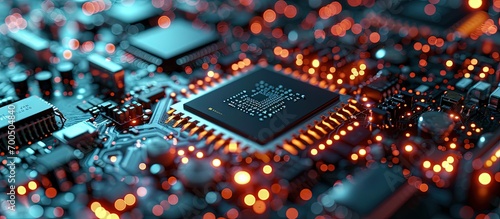 Concept AI Artificial Intelligence technology chip IC on PCB PCB circuit board microprocessor Machine learning. Creative Banner. Copyspace image photo