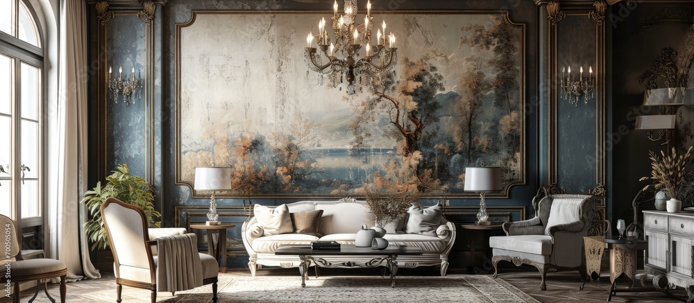 Decorative chandelier above designed table in living room with grey mural on wall. Creative Banner. Copyspace image Decorative chandelier above designed table in living room with grey mural on wall. Creative Banner. Copyspace image