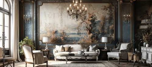 Decorative chandelier above designed table in living room with grey mural on wall. Creative Banner. Copyspace image photo