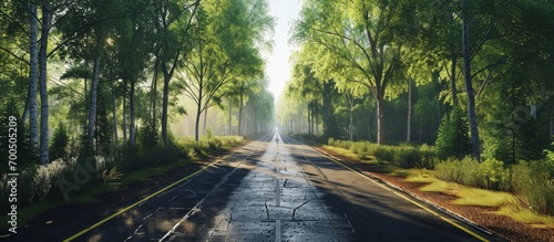 A wide open highway on a spring day with forest and vegetation on either side of it The highway is rough due to being repaved. Creative Banner. Copyspace image photo