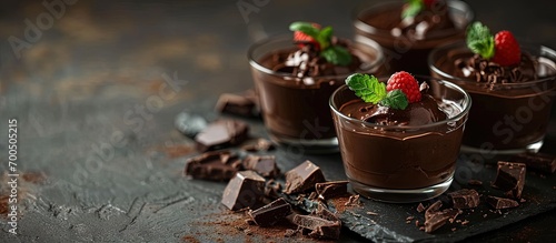 Couple of small pots of homemade chocolate mousse. Creative Banner. Copyspace image photo