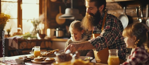 bearded man serving pancakes to happy wife with infant daughter during breakfast. Creative Banner. Copyspace image