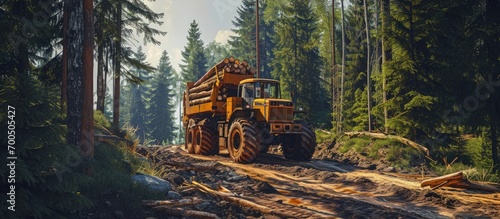 Crane forwarder machine during clearing of forested land Wheeled harvester transports raw timber from felling site out Harvesters Forest Logging machines Forestry forwarder on deforestation