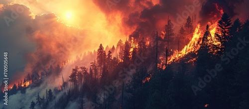 Aerial view forest fire on the slopes of hills and mountains Large flames from forest fire Summer forest fires Smoke of a forest fire obscures the sun Natural disasters. Creative Banner