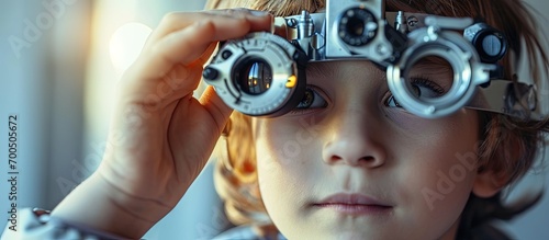 Child looks into phoropter during an eye examination of pediatric ophthalmologist Phoropter for measuring refractive error and determining information for prescription for eyeglasses. Creative Banner photo