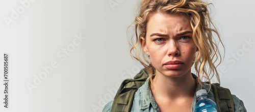 Beautiful young blonde woman holding gym bag and water bottle skeptic and nervous frowning upset because of problem negative person. Creative Banner. Copyspace image photo