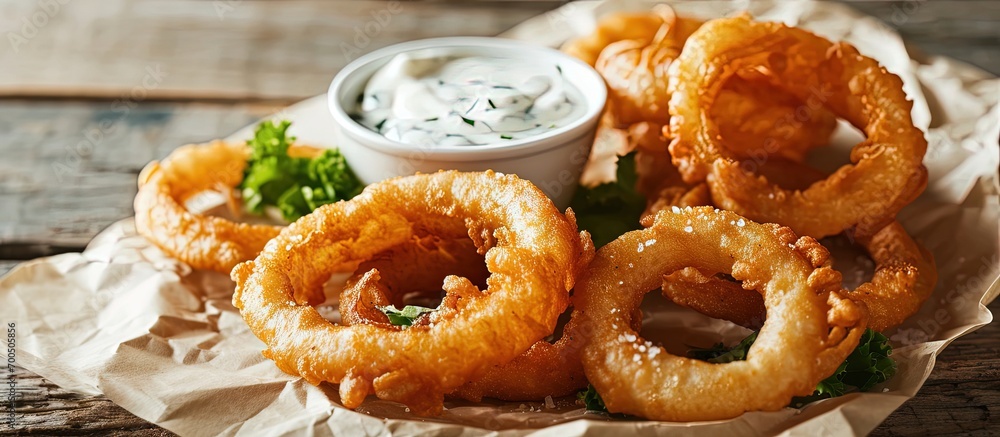 A order of beer battered onion rings with white tartar dipping sauce at a patio table. Creative Banner. Copyspace image A order of beer battered onion rings with white tartar dipping sauce at a patio table. Creative Banner. Copyspace image