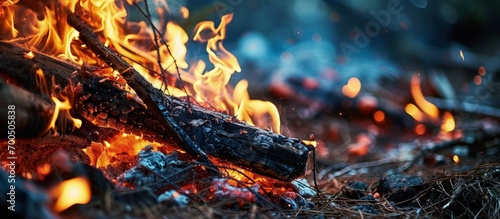 A bonfire at night with a burning stick in it. Creative Banner. Copyspace image