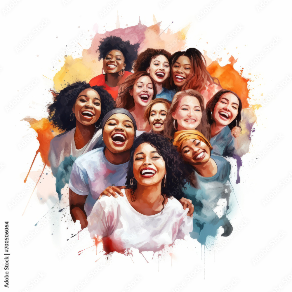 Happy group of diverse multi-racial, multi-ethnic young women laughing together in energetic watercolor style illustration on white background