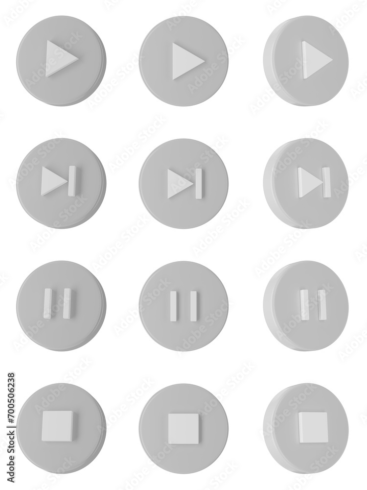 Set of white media player buttons, PNG, transparent background, 3d render media player buttons Set of white media player buttons, PNG, transparent background, 3d render media player buttons