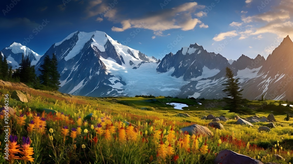 Panoramic view of the mountains and the meadow with flowers