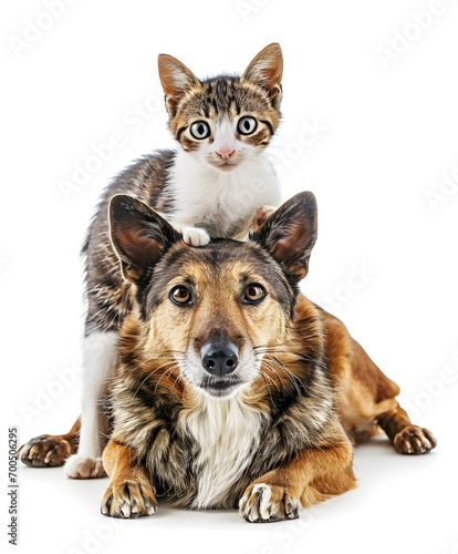 Portrait of a cute cat on the adorable pet dog. Concept of national pet day. © ZayNyi