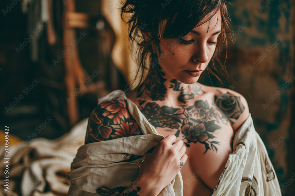 Tattooed Sexy Woman holding a robe: Expressions in Ink - obrazy, fototapety, plakaty 