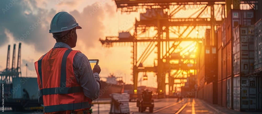 Fototapeta premium Foreman harbor master or port controller in takes control communication to the receivers in charge to ensure the appropriate jobs working in the same safety direction. Creative Banner